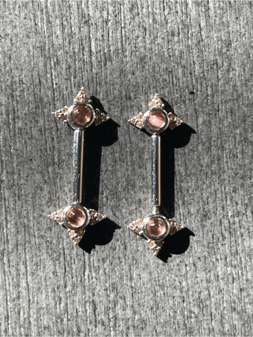Custom BVLA nipple barbells white gold with 3mmOregon Sunstone 14g steel barbell